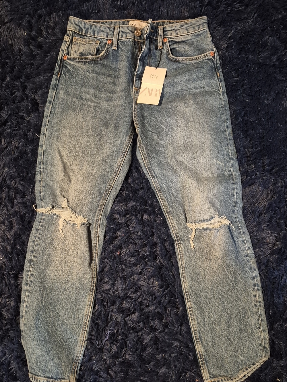 Zara Light Blue Slim Straight Distressed Jeans